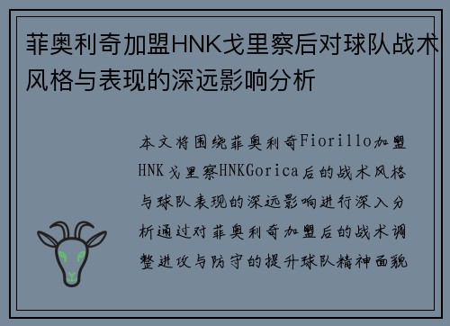 菲奥利奇加盟HNK戈里察后对球队战术风格与表现的深远影响分析