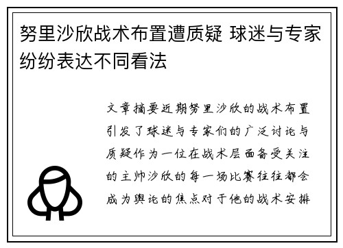 努里沙欣战术布置遭质疑 球迷与专家纷纷表达不同看法